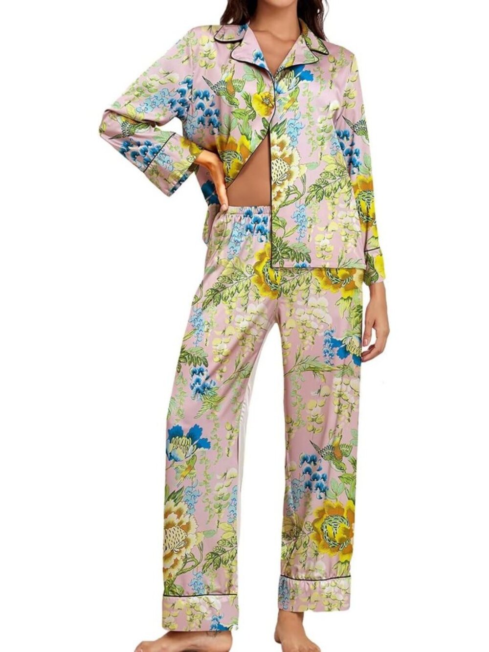 Floral Satin Long Sleeve Pajama Set | Women's Silky Sleepwear & Loungewear